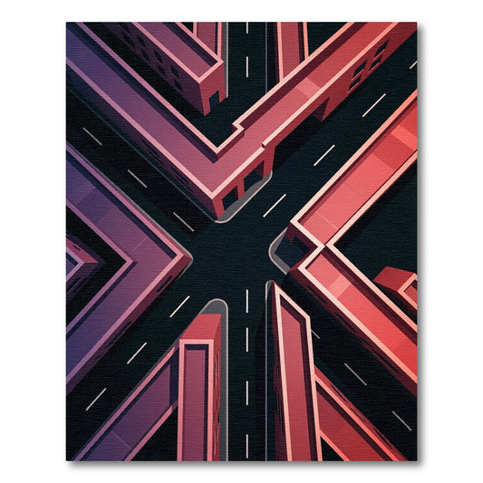 Crimson Modern Cityscape Intersection Rug