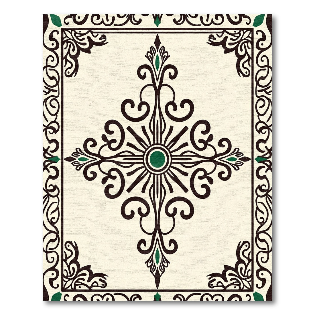 Cream And Emerald Scroll Medallion Rug