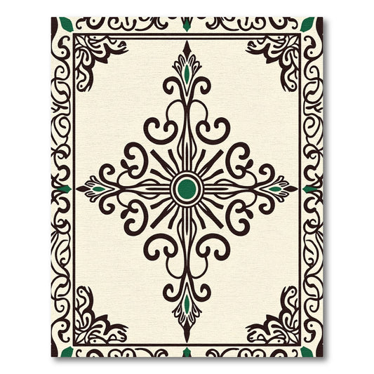 Cream And Emerald Scroll Medallion Rug