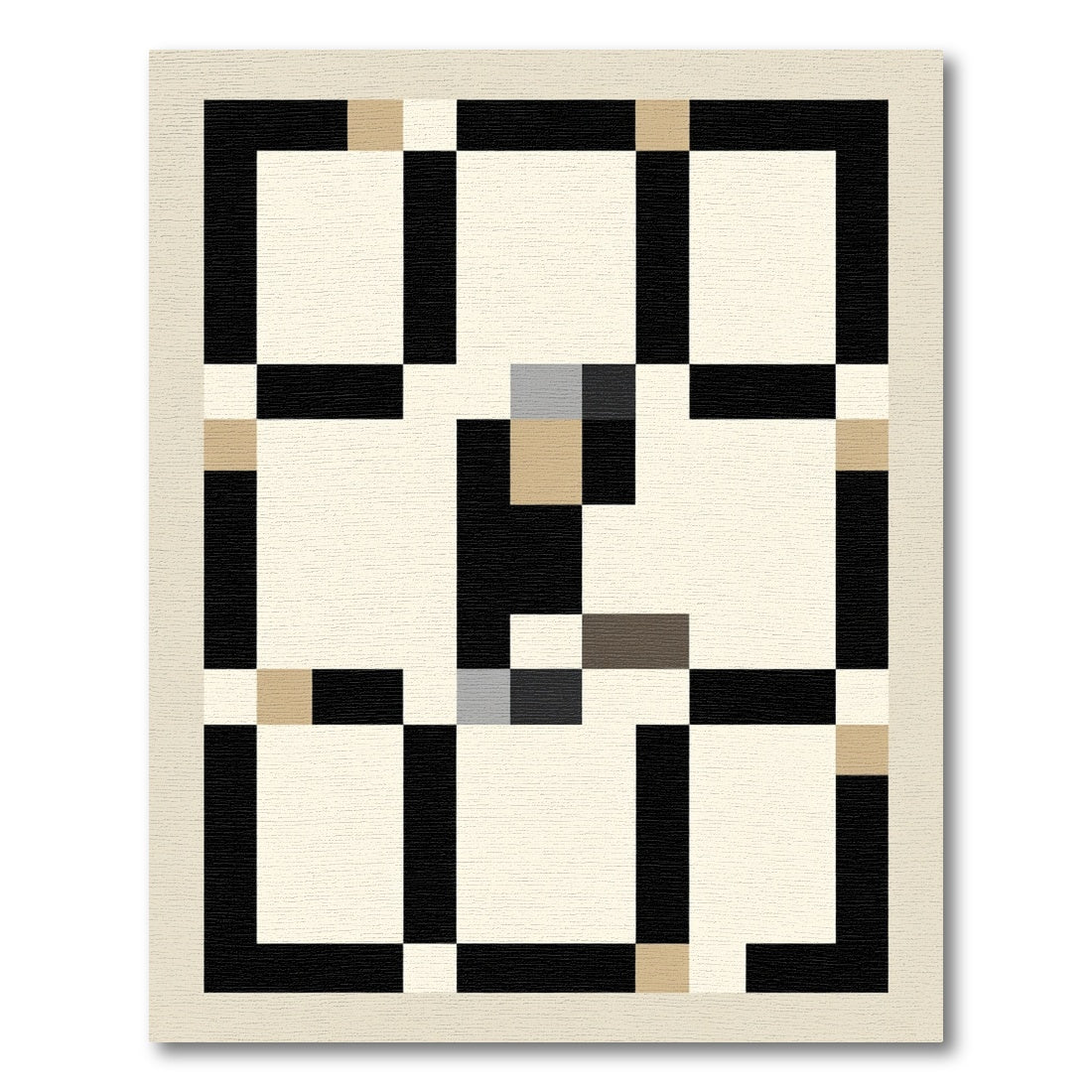 Abstract Black Tan Square Grid Rug