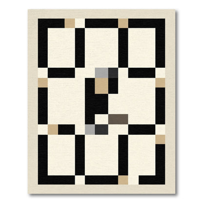 Abstract Black Tan Square Grid Rug