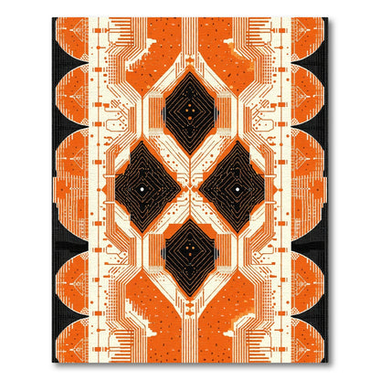 Orange Circuit Board Diamond Medallion Rug
