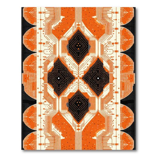 Orange Circuit Board Diamond Medallion Rug