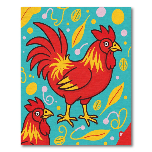 Folk Art Red Roosters Teal Background Rug