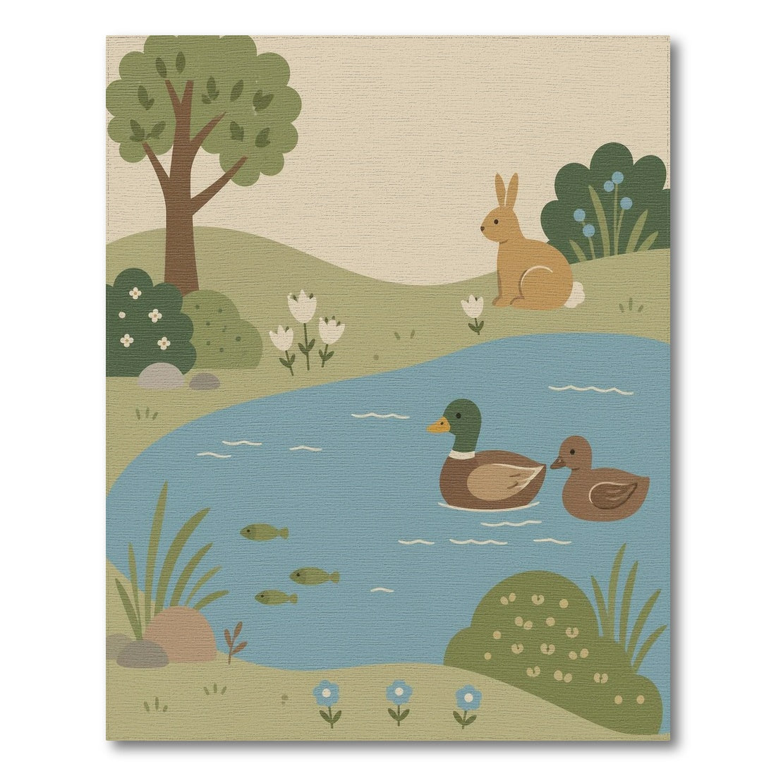 Whimsical Pond Duck Rabbit Kids Area Rug