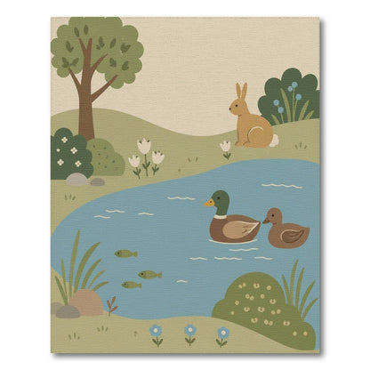 Whimsical Pond Duck Rabbit Kids Area Rug