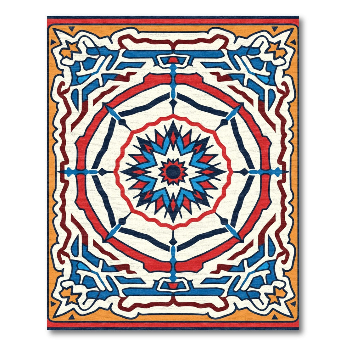 Red Blue Geometric Sunburst Medallion Rug