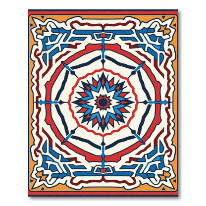 Red Blue Geometric Sunburst Medallion Rug