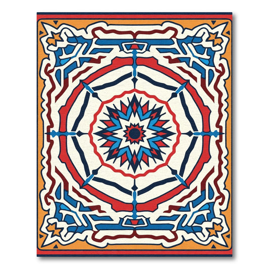 Red Blue Geometric Sunburst Medallion Rug