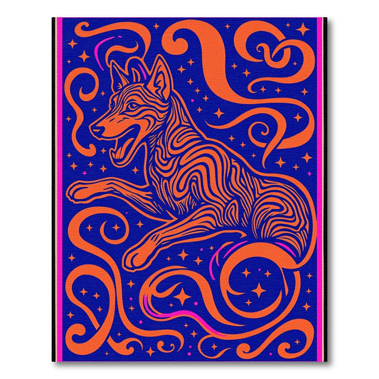 Orange Striped Dog Blue Starry Swirls Rug