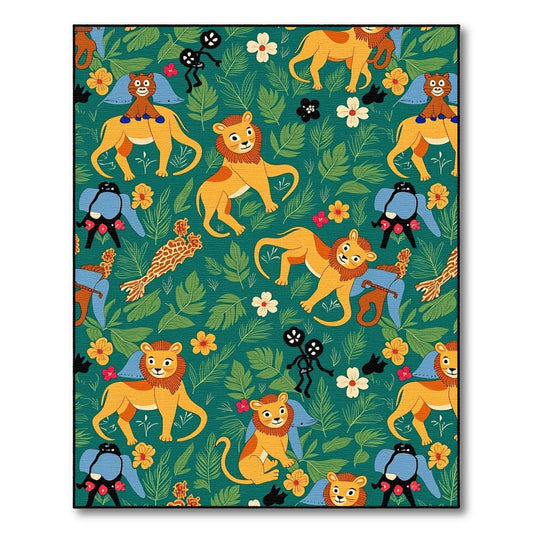 Whimsical Jungle Lions Tropical Floral Rug