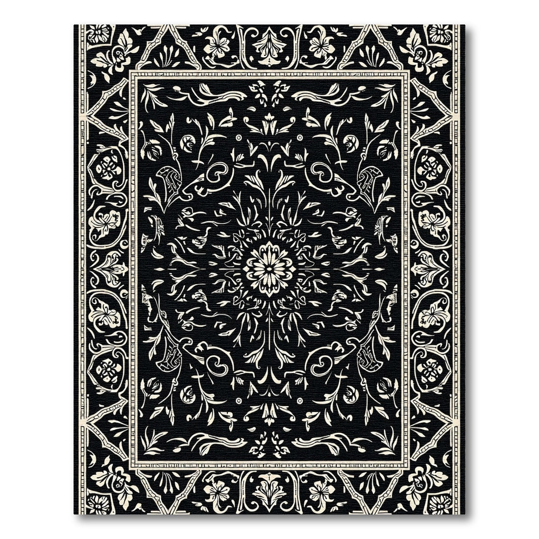 Black Floral Medallion Ornamental Rug