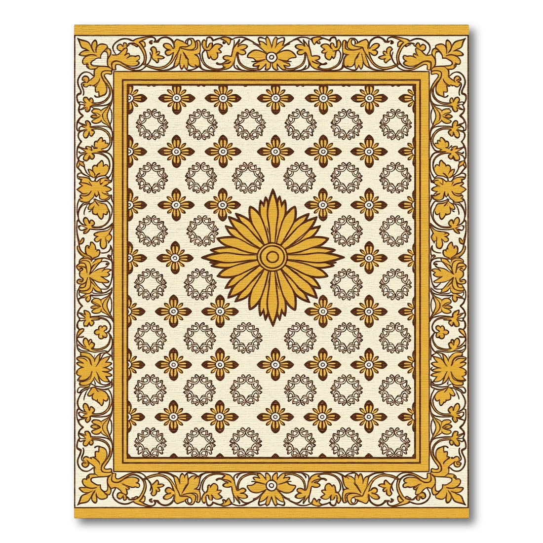 Golden Sunburst Floral Border Rug