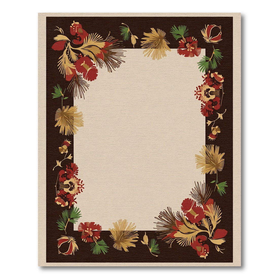 Dark Brown Red Gold Floral Border Rug