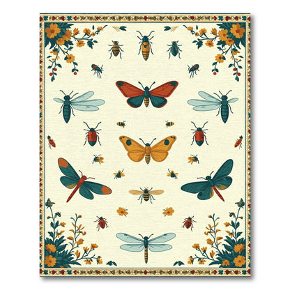Crimson Teal Insects Floral Border Rug