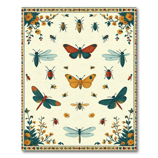 Crimson Teal Insects Floral Border Rug