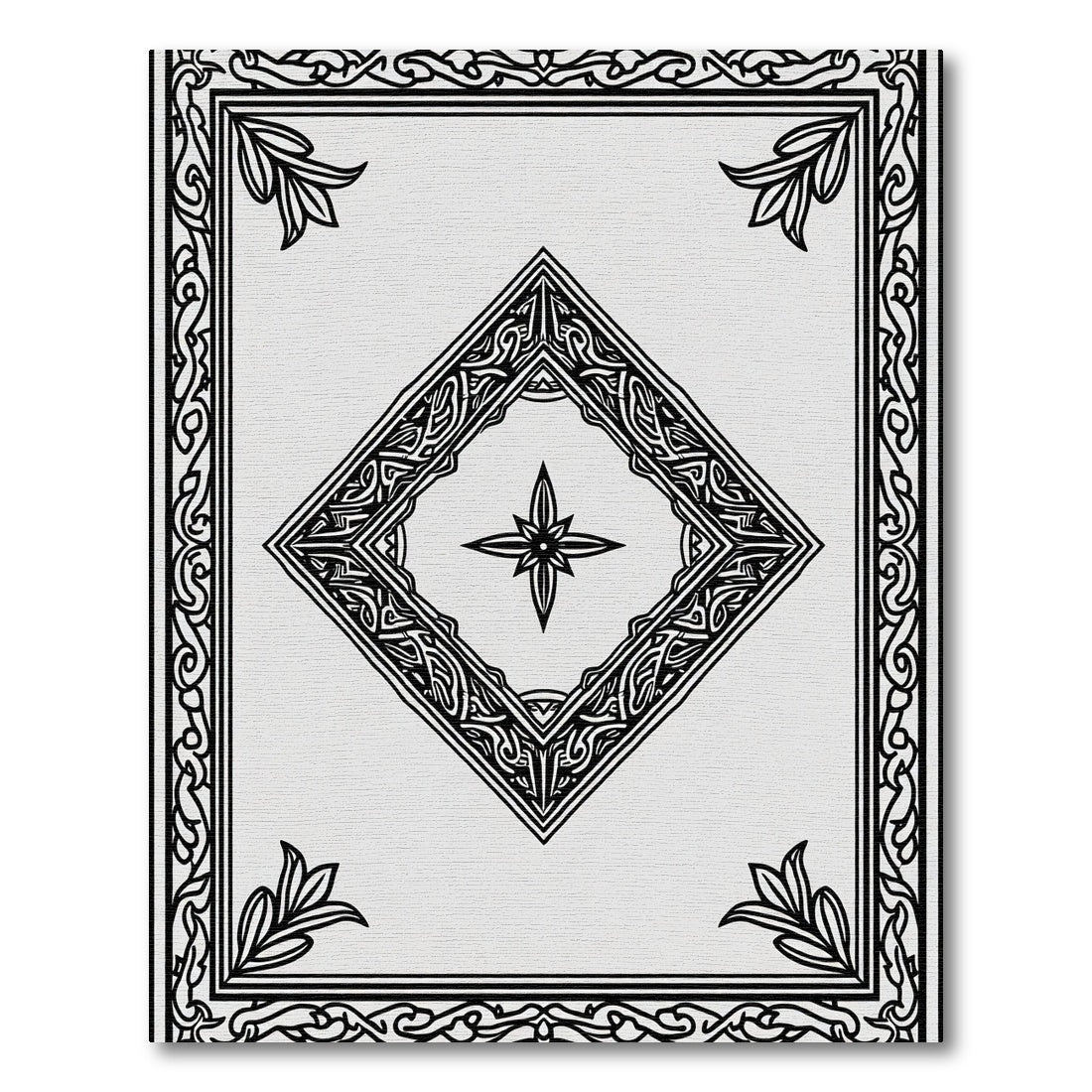 Black White Ornate Diamond Border Rug