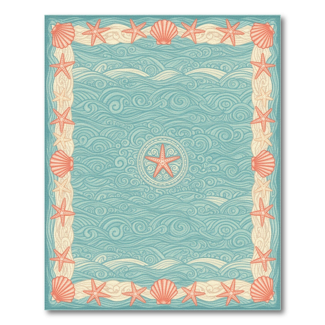 Blue Teal Coastal Starfish Wave Area Rug
