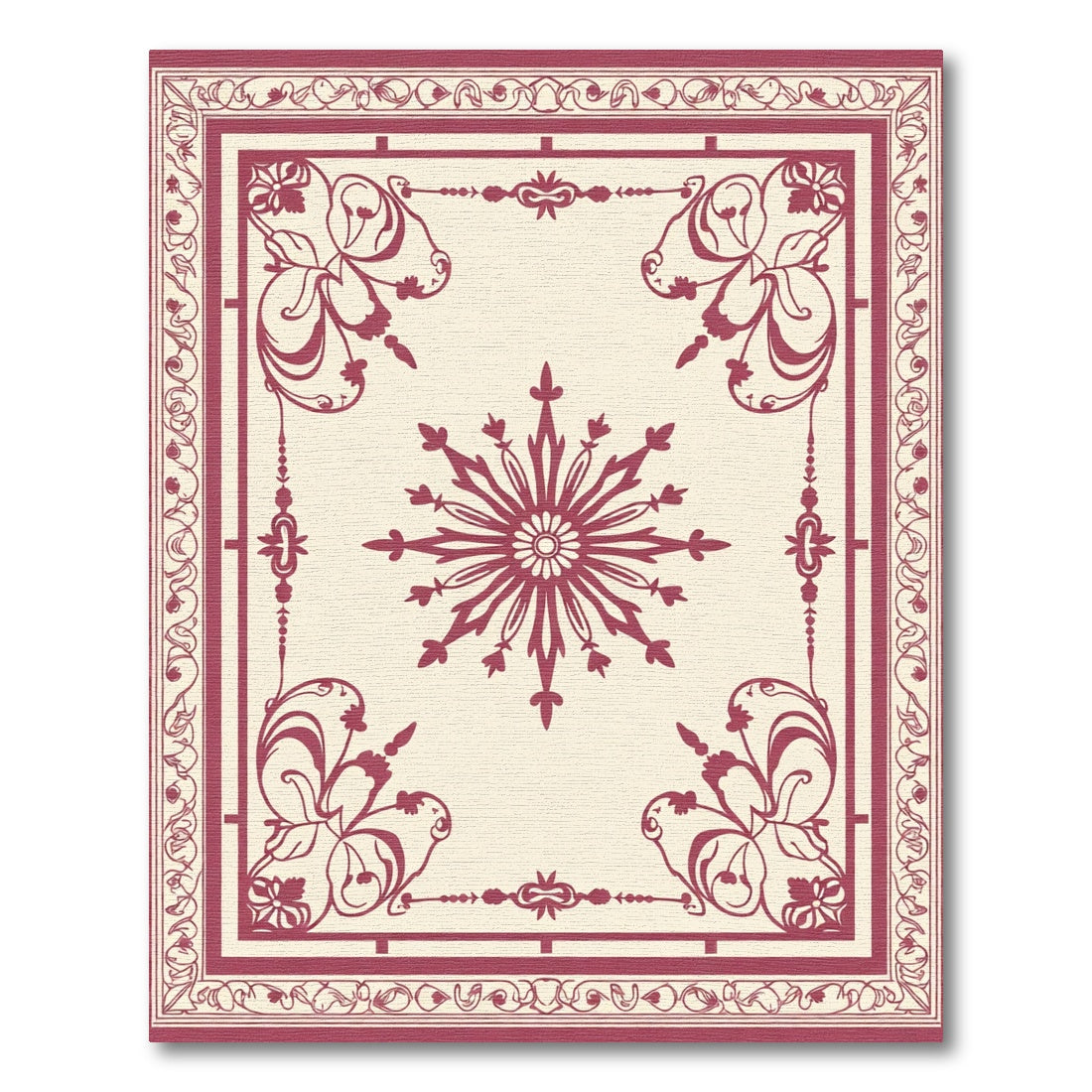 Crimson Floral Sunburst Border Design Rug
