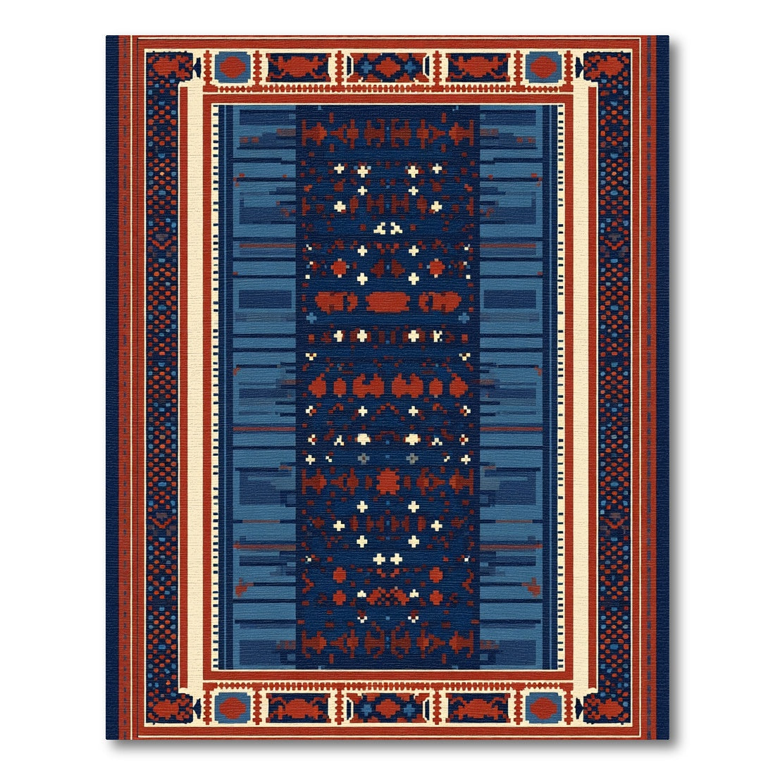 Deep Blue Red Tribal Stripe Rug