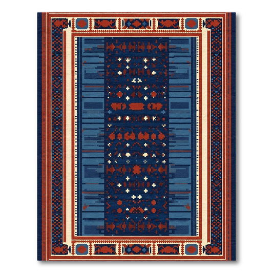 Deep Blue Red Tribal Stripe Rug