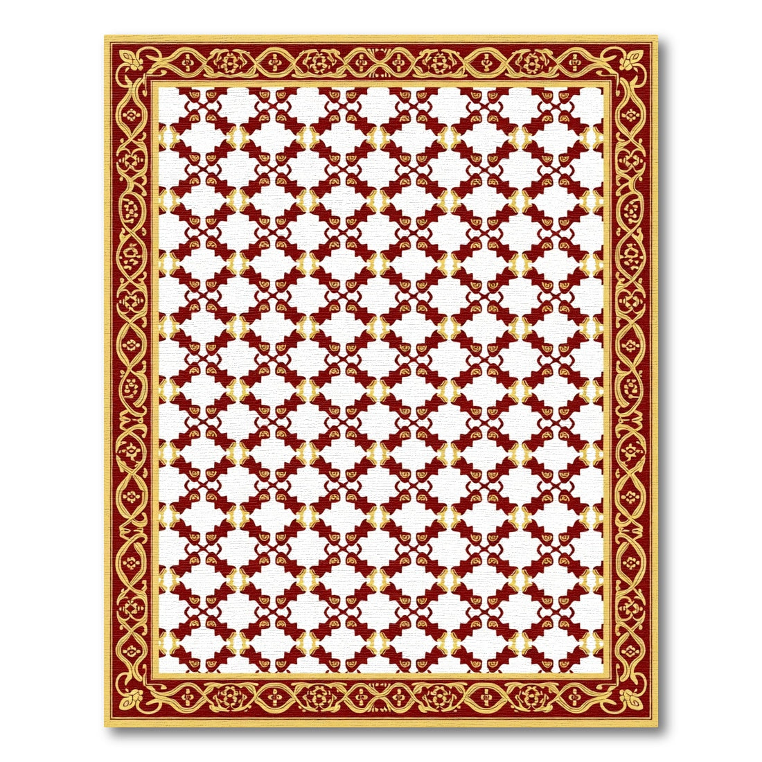 Crimson Gold Geometric Lattice Border Rug
