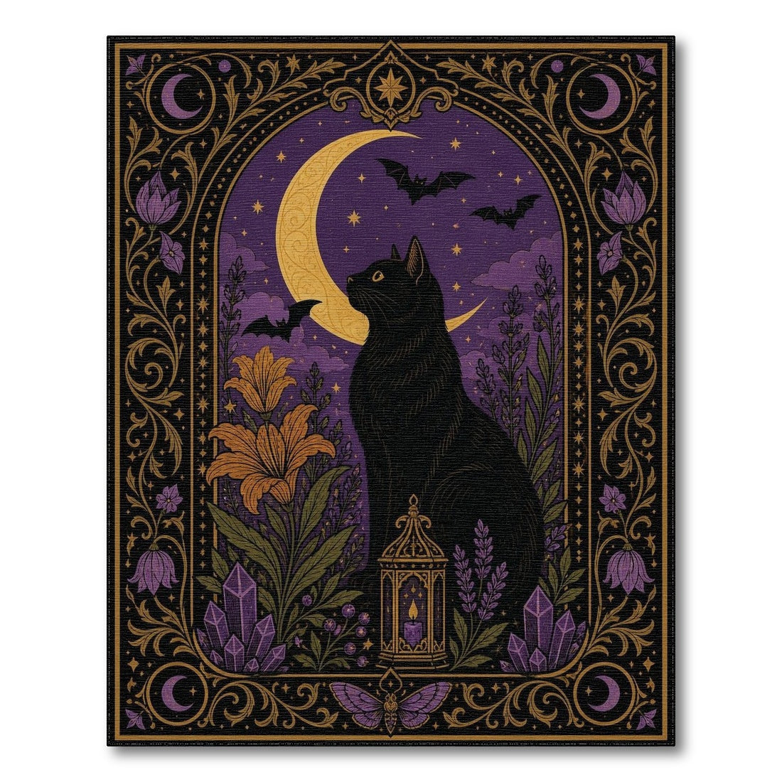 Purple Mystical Black Cat Purple Moon Area Rug