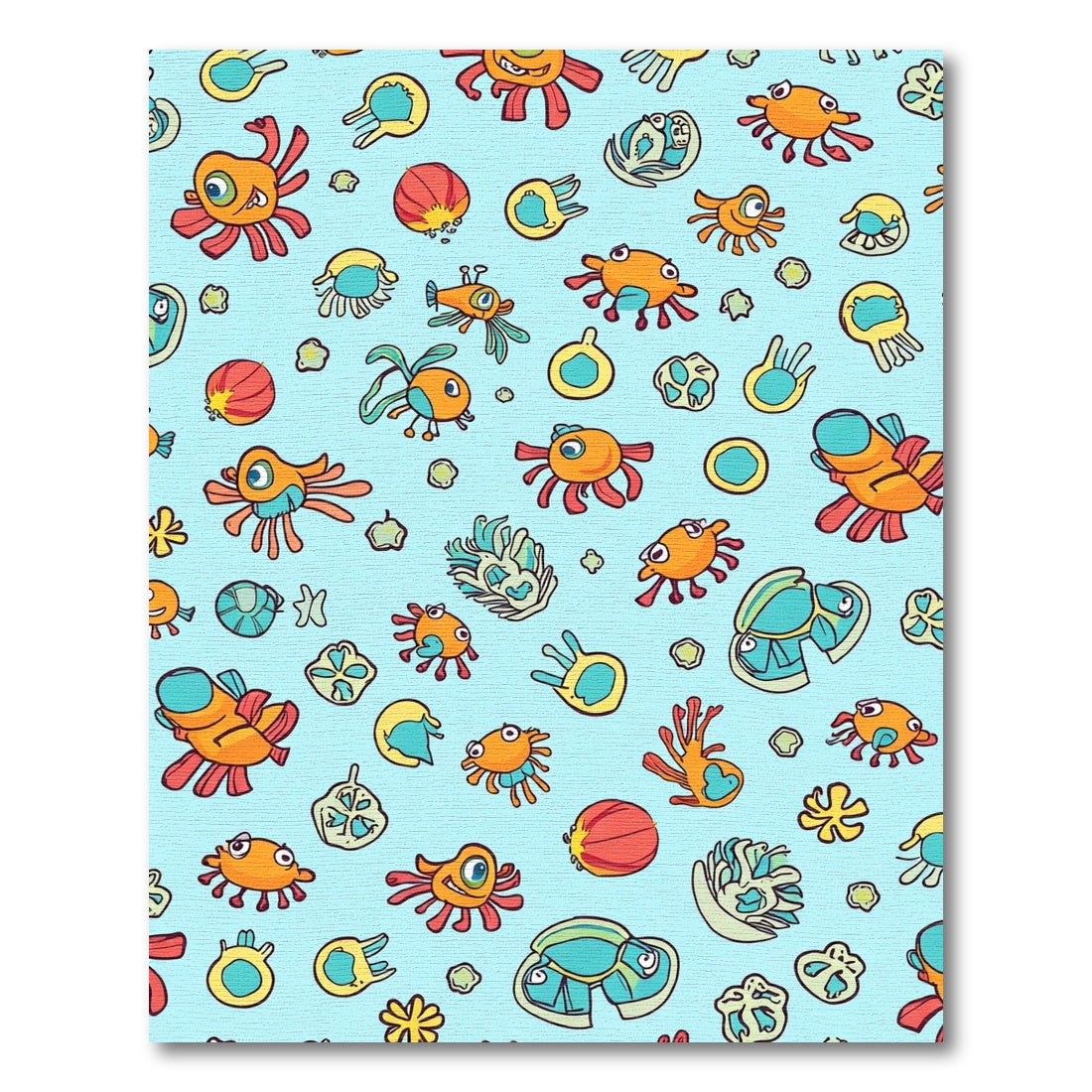 Whimsical Orange Creatures Blue Background Rug