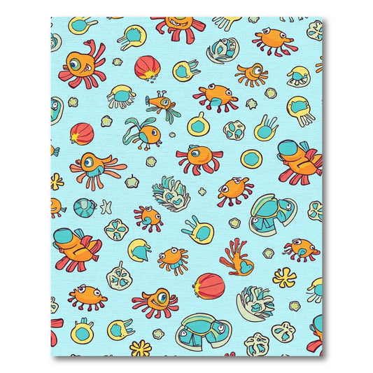Whimsical Orange Creatures Blue Background Rug