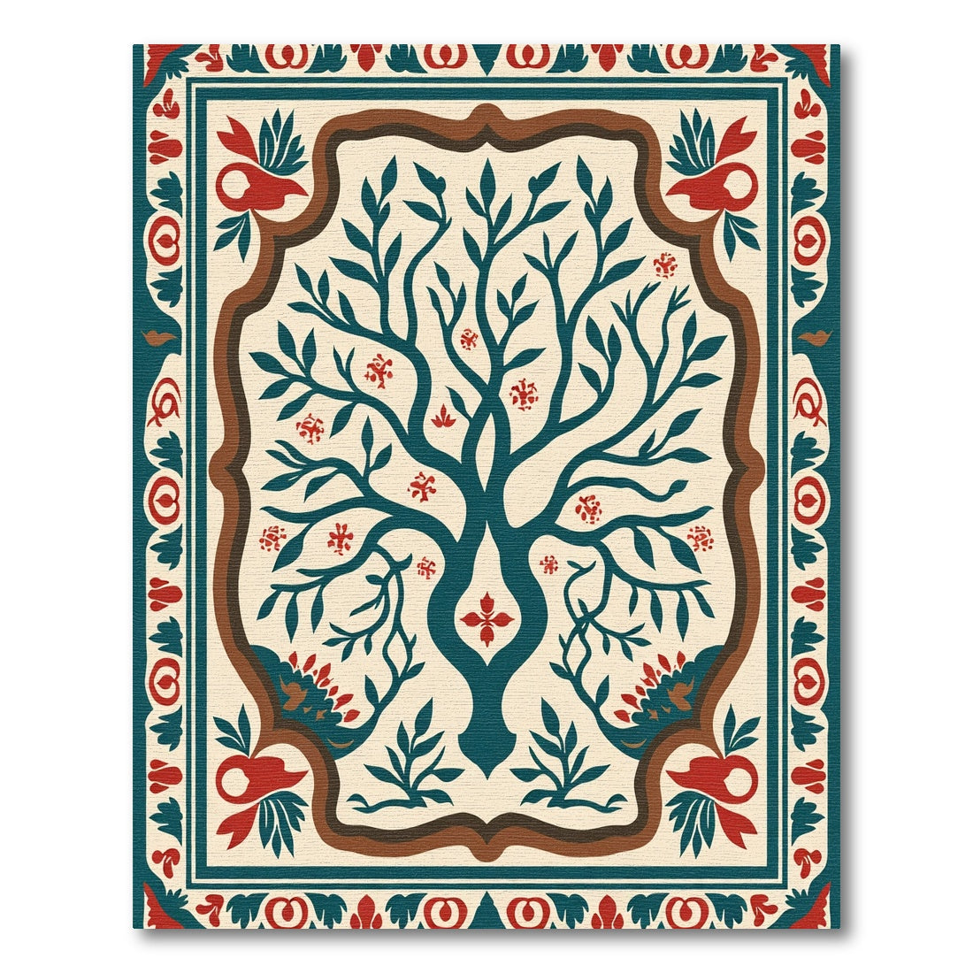 Teal Tree Ivory Red Border Rug
