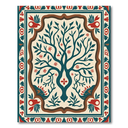 Teal Tree Ivory Red Border Rug