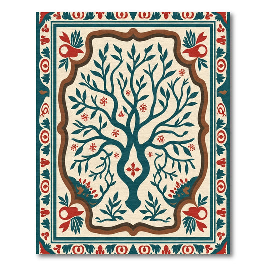 Teal Tree Ivory Red Border Rug