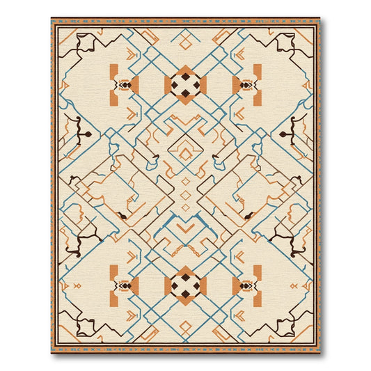 Cream Blue Orange Geometric Labyrinth Rug
