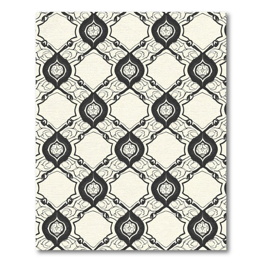 Cream and Black Elaborate Medallion Diamond Rug