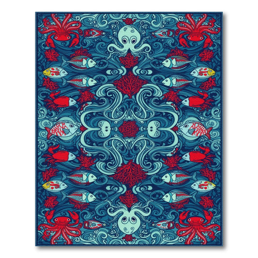 Blue Teal Octopus Crab Coastal Area Rug