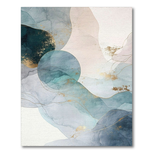 Teal Blue Abstract Marble Area Rug with Gold Accents