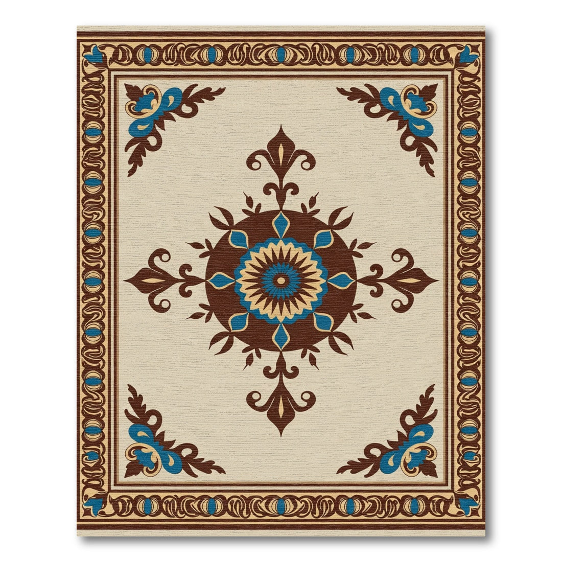 Brown Blue Floral Medallion Border Rug