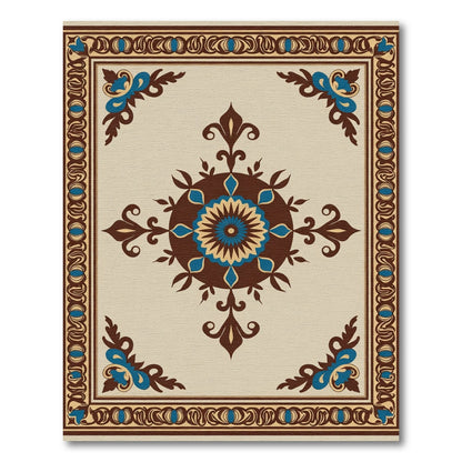 Brown Blue Floral Medallion Border Rug
