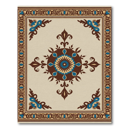 Brown Blue Floral Medallion Border Rug