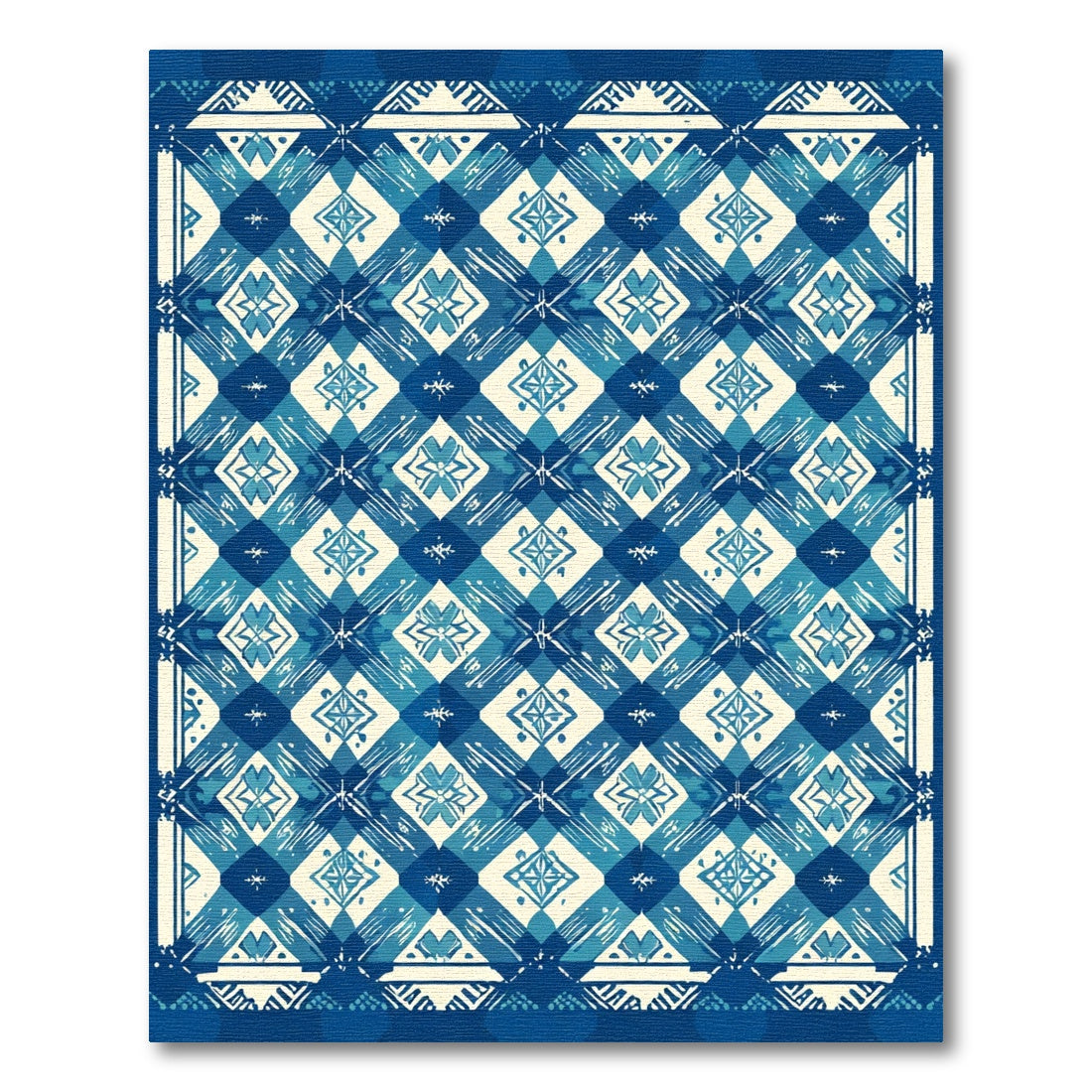 Blue Cream Diamond Floral Geometric Rug
