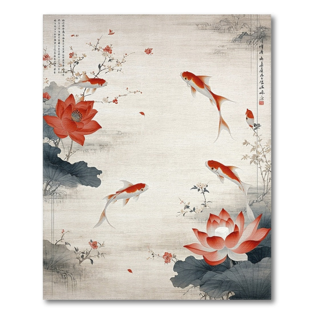Red Koi Lotus Floral Vintage Area Rug