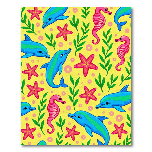 Joyful Blue Dolphins Pink Seahorses Yellow Rug