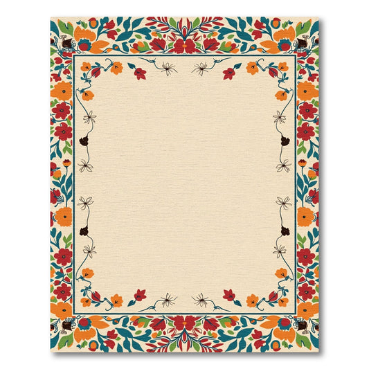 Bold Red Orange Floral Border Rug