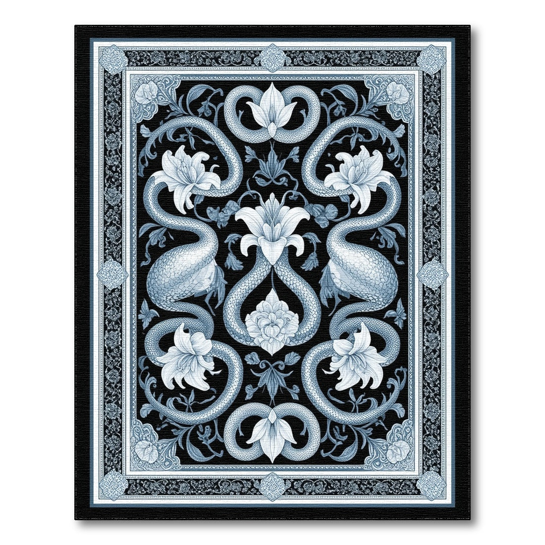 Blue and Teal Blue Serpent Floral Vintage Area Rug