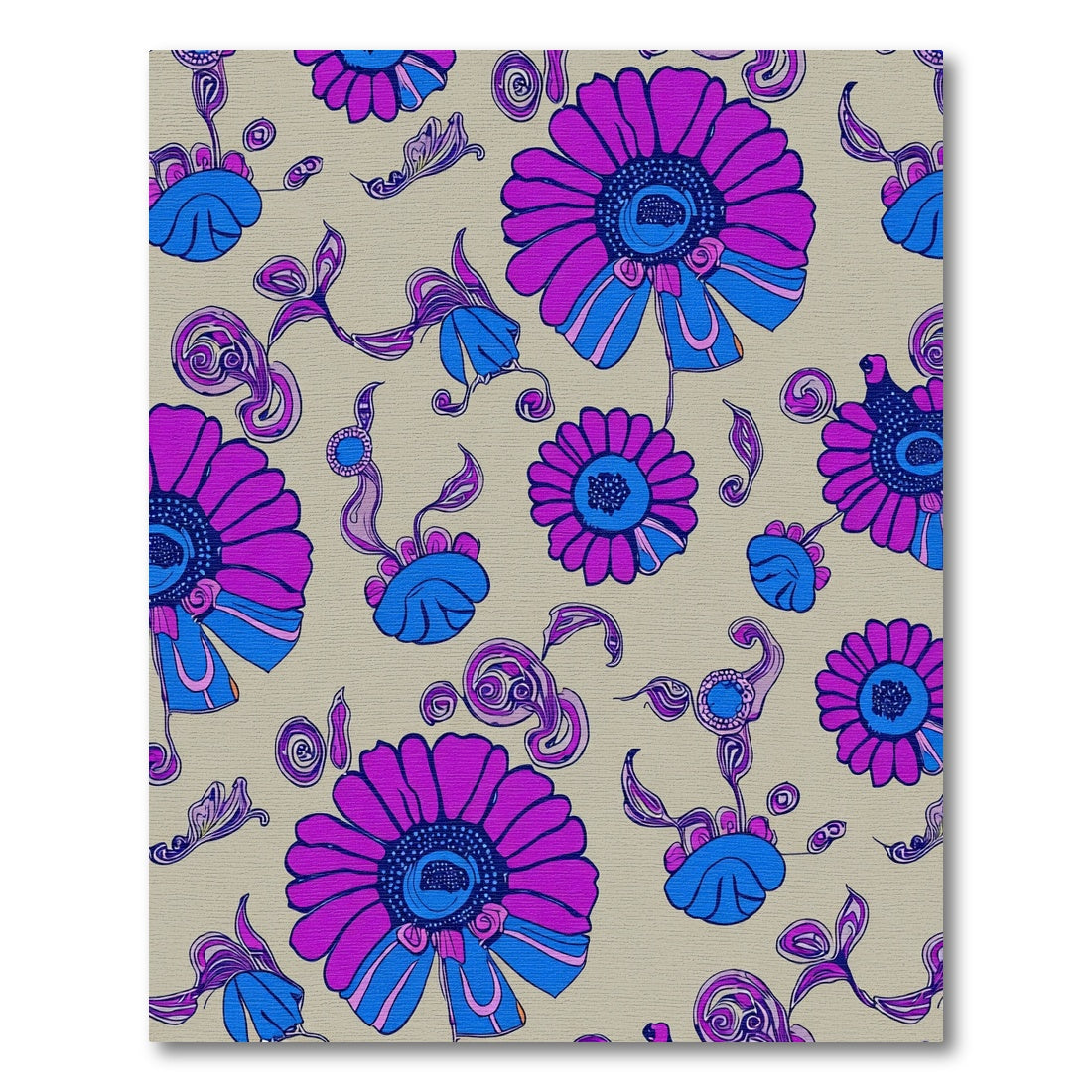 Vibrant Magenta Blue Retro Floral Swirls Rug