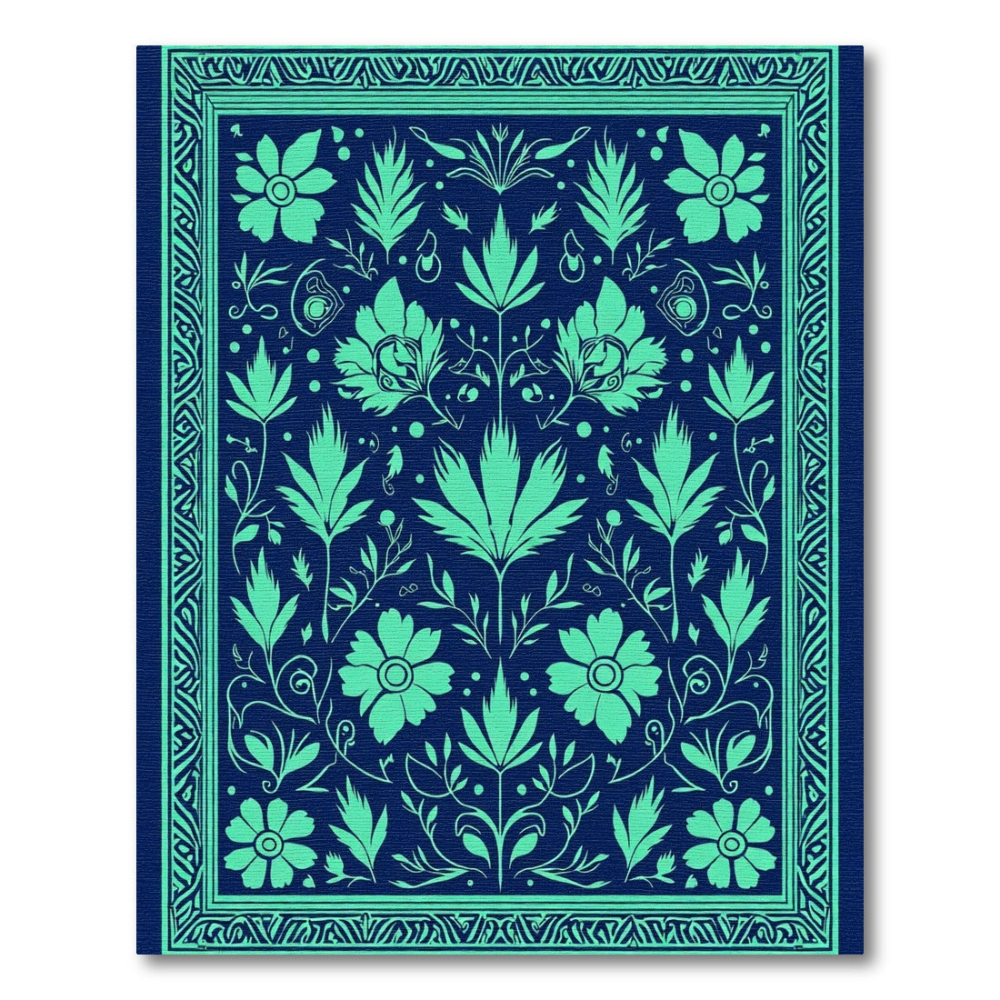 Green Floral Folk Art Navy Rug