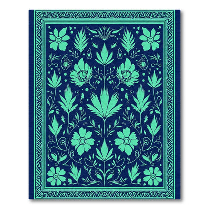 Green Floral Folk Art Navy Rug