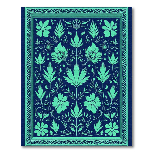 Green Floral Folk Art Navy Rug