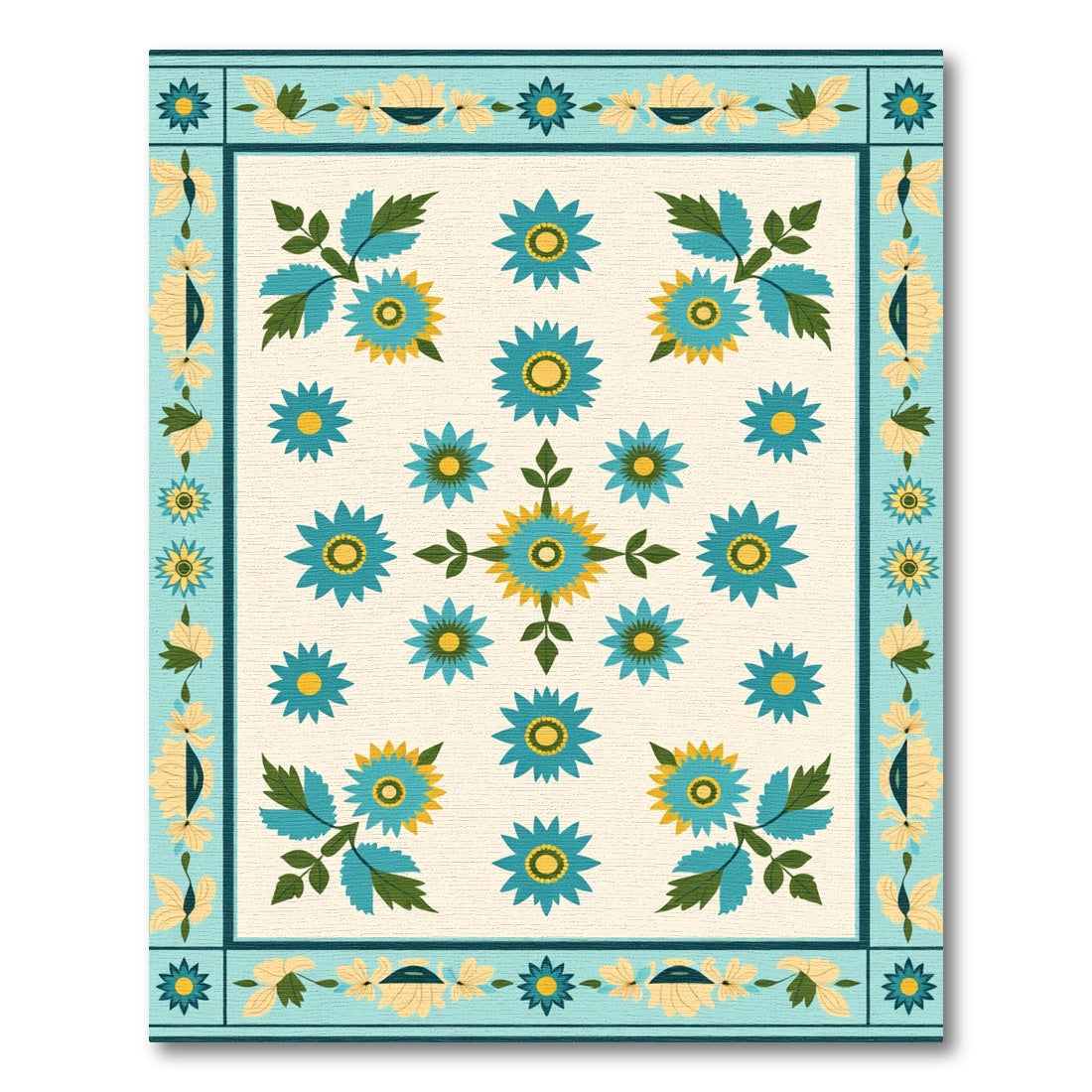 Teal Yellow Floral Garden Composition Rug