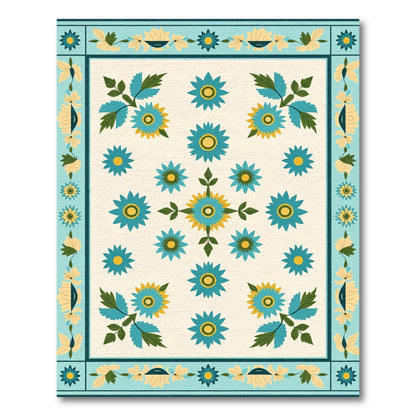 Teal Yellow Floral Garden Composition Rug